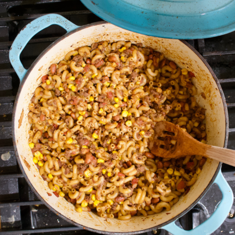 one-pot taco pasta in dutch oven on stove